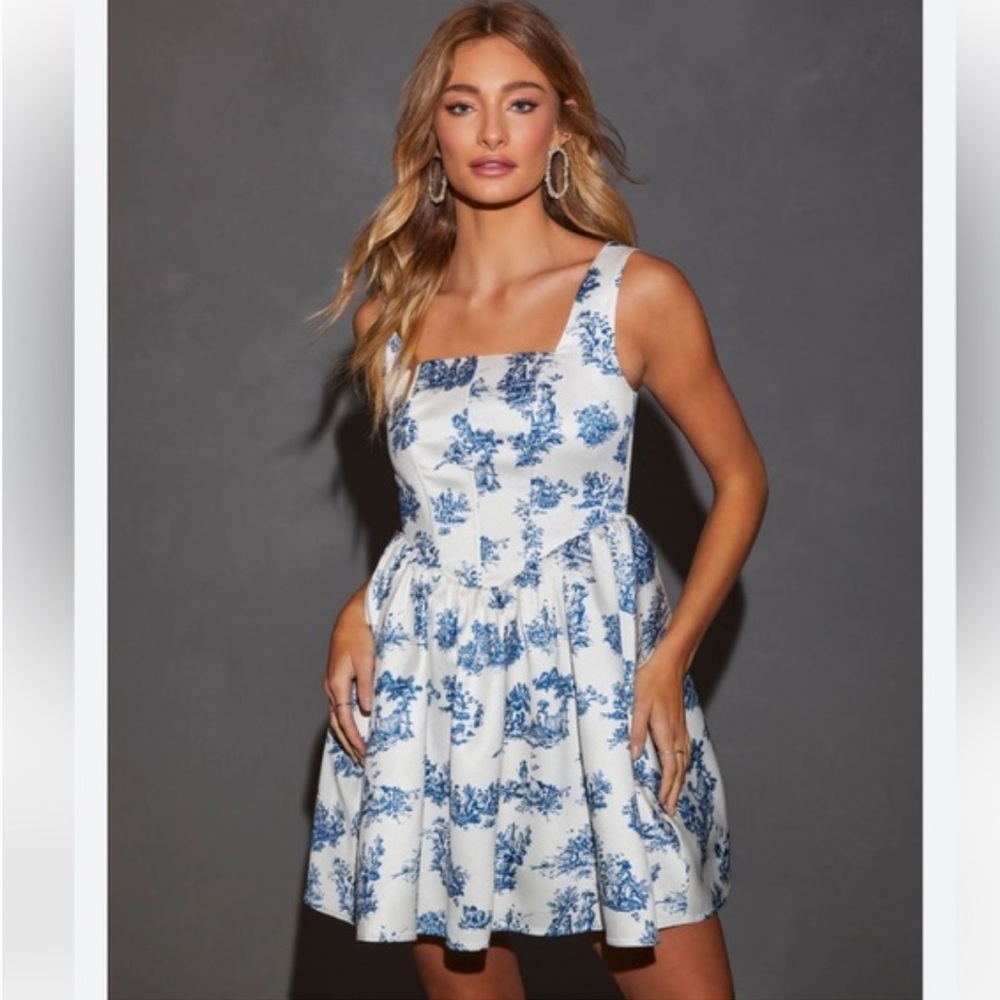 Vici White and Blue Patterned Mini Dress